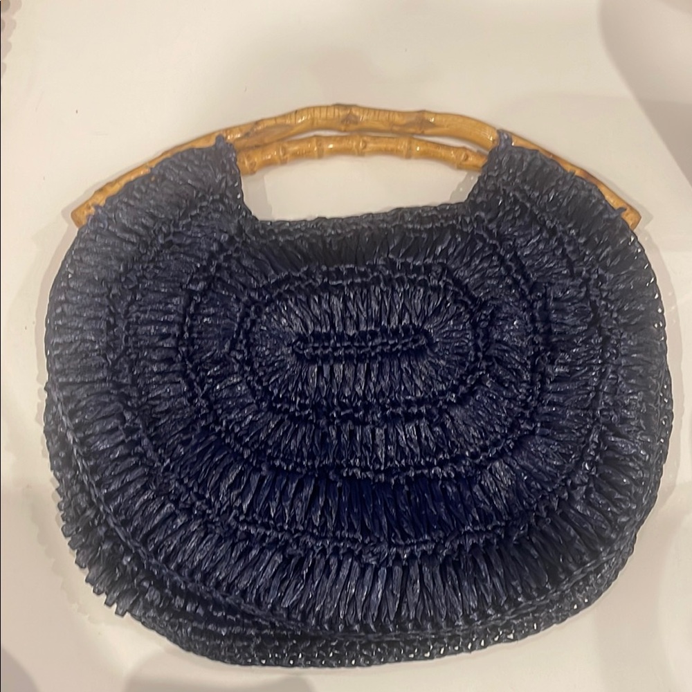 Navy Blue Woven Handbag with Bamboo Handle